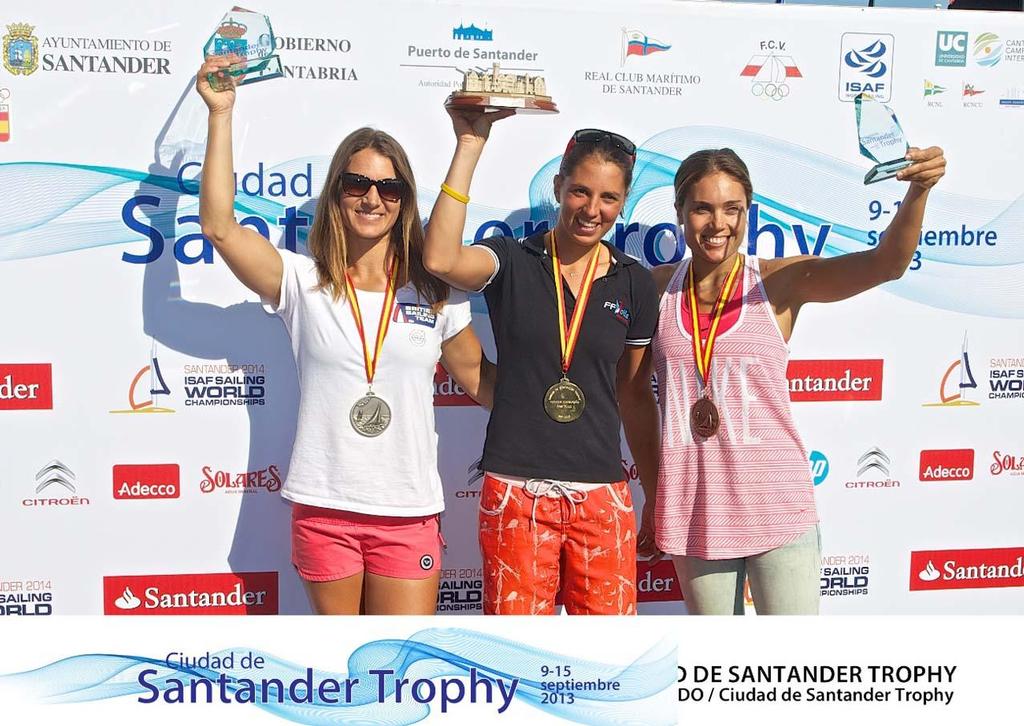 CIUDAD DE SANTANDER Trophy, Isaf sailing World Championships test event. Prize giving - RS:X Women  ESP  ESP-1 Blanca Manchon; FRA-4 Charline Picon; GBR-94 Bryony Shaw © Jesus Renedo/ Santander City Trophy http://www.santander2014.com/